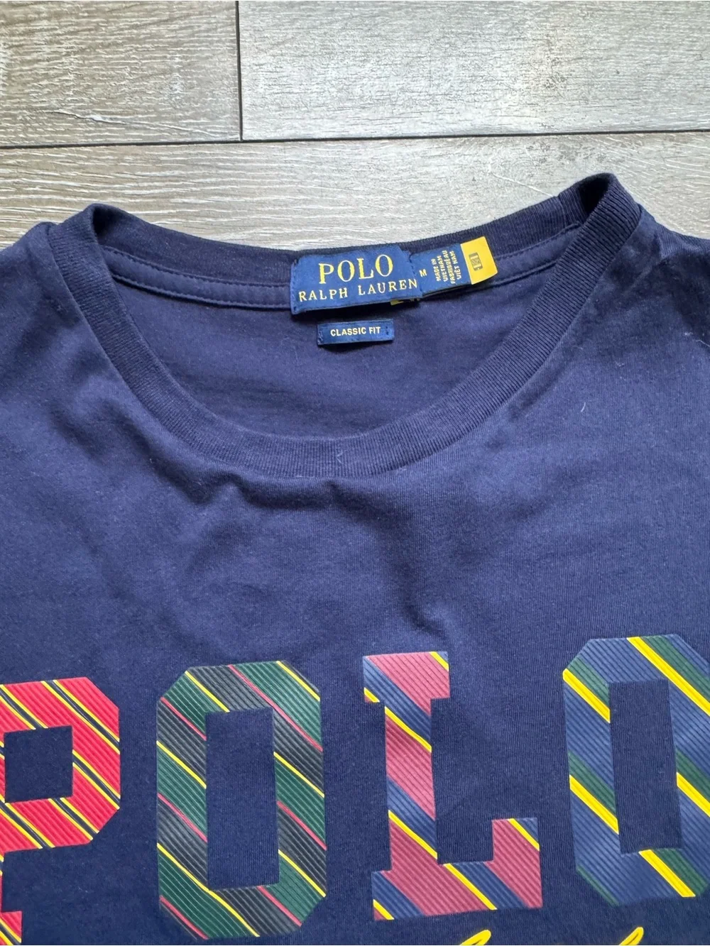Polo by Ralph Lauren Navy Striped Logo Tee with Yellow Script